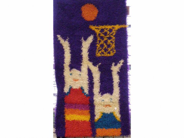 Ege Rya shag wall hanging depicts: Ege Rya shag wall hanging depicts 2 basketball players on purple field, 26" x 49"
