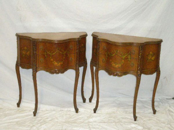Pair, JB Van Sciver Louis XV Style end tables: Pr Louis XV style end tables, by J B Van Sciver, Fruitwood with floral & drape painted panels & pin stripping, applied floral & scroll carvings, serpentine front ; high cabriole legs w/ 2 drawers havi