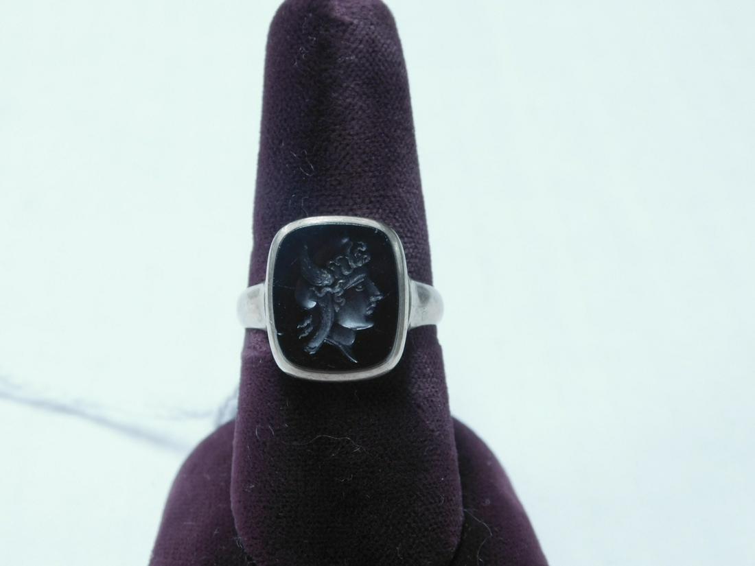 Gents 14k Intaglio Ring: Gents 14k rose gold (tested) Intaglio Ring, rectangular cornelian relief carved portrait of a Gents 14k Intaglio Ring Viking warrior, 12 x 14mm, bezel set into plain 14k setting, size 7 1/4, 3.1 DWT, 