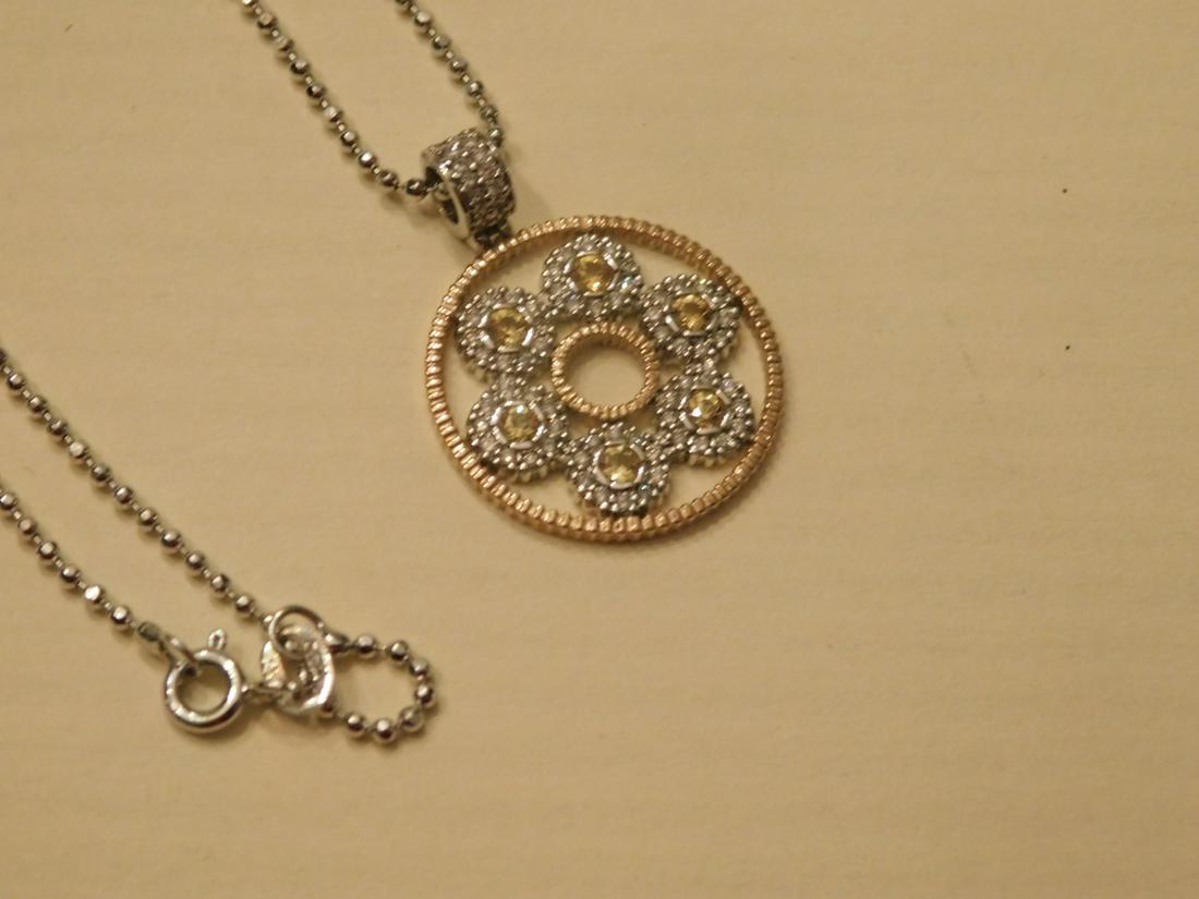 14k WG Chain & YG Citrine Drop: 14k Chain and Drop, white gold bead link chain with a ¾” diameter round rosette form white and yellow gold drop holding six round citrines and approx. 60 pave melee diamonds, chain length 18”, 4.