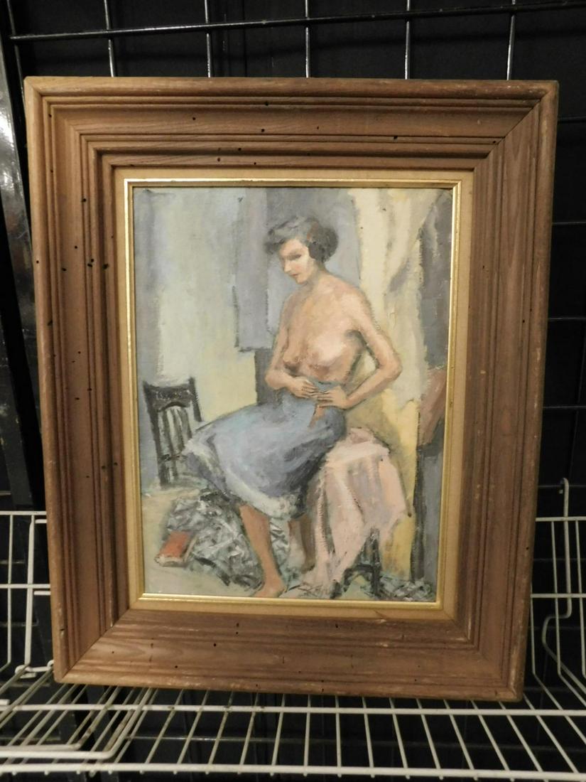 Stephanie Pacek Oil Painting: Stephanie Pacek Oil Painting, unsigned from the artist estate;seated partially nude female dressing, oil on artist board, sight 12" x 16", chestnut ogee frame,17 1/2" x 21 1/2", mid 20th C. CONDITION: