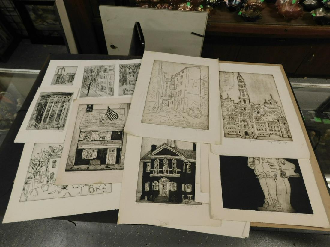 15 William Wendt Etchings: 15 William Wendt Etchings, all Philadelphia scenes, including: City Hall, Independence Hall. Carpenter's Hall, Merchants Exchange, U of P, Academy of Music (litho), etc, all unframed, from 7 1/2" x 11