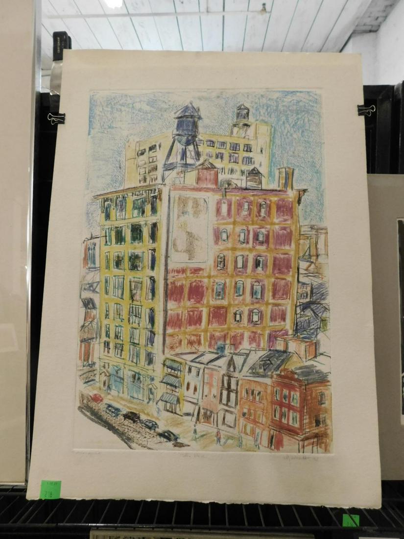 William Wendt Monoprint: William Wendt Monoprint cityscape - illegibly titled, pencil signed lower right dated "90", paper size 21" x 29", unframed. CONDITION: Slight blurring on pencil markings dirt spots on white border.