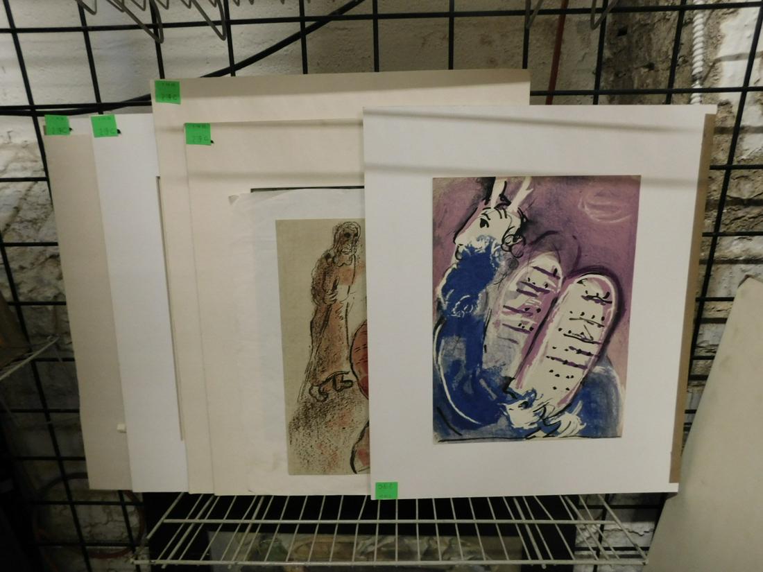 Marc Chagall Group of Lithographs: Marc Chagall (Russian-French, 1887-1985) Group of lithographs, in color, from his illustrations for the Bible, printed by Mourlot for Editions de la Revue Verve in 1956 and 1960. They are: Moses III, 
