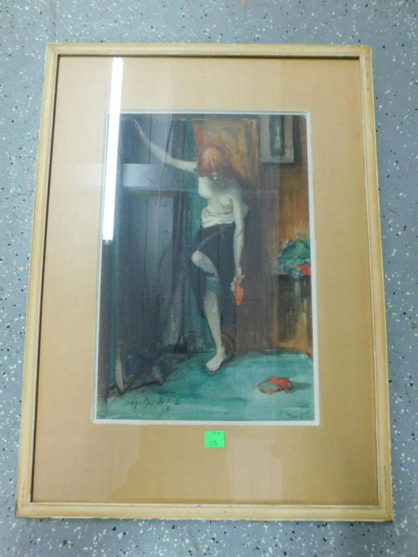 Cowan Dobson Watercolor: Cowan Dobson Watercolor, (American 1894-1980), depicts a standing semi nude female putting her foot into a slipper, signed lower left and dated "42", sight 13 1/2" x 20", matted in John Gibson labeled