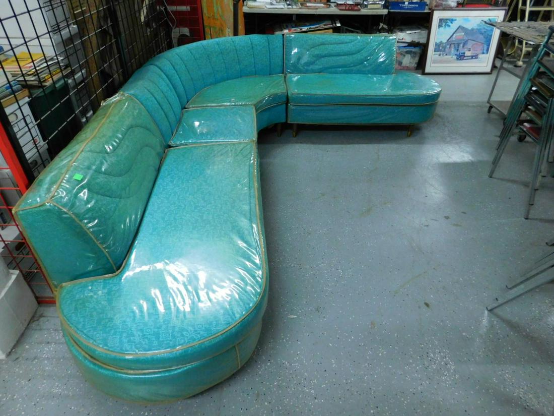 MCM Sectional Sofa Set: MCM Sectional Sofa Set by International Furniture for Swartz, Philadelphia, PA in four sections, original foliate and floral block pattern teal cloth upholstery, cone form wood legs with brass bases,