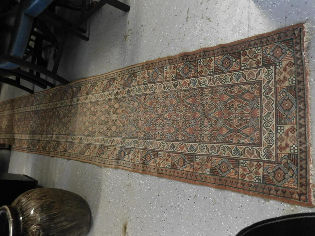 Hamadan Runner: Hamadan Runner in rusts, browns and blue, with medallion field, stylized floral and block borders, 2.1' x 12.4', early 20th C. CONDITION: Areas of wear in center and on one end.