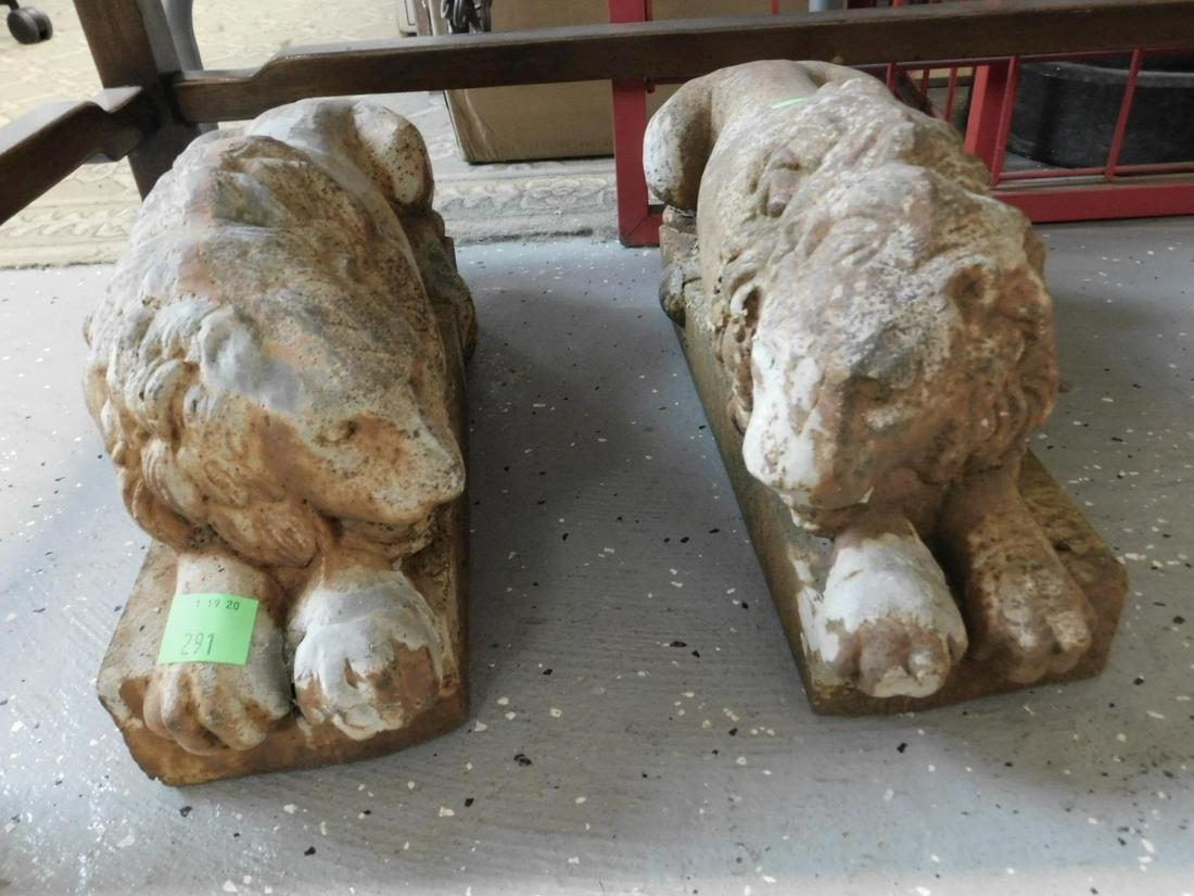Pr Cast Iron Lion Sculptures: Pair Cast Iron Lion Sculptures, white painted cast iron reclining lions on rectangular plinths, late 19th C, 19" x 8" x 5". CONDITION: Rust and paint loss.