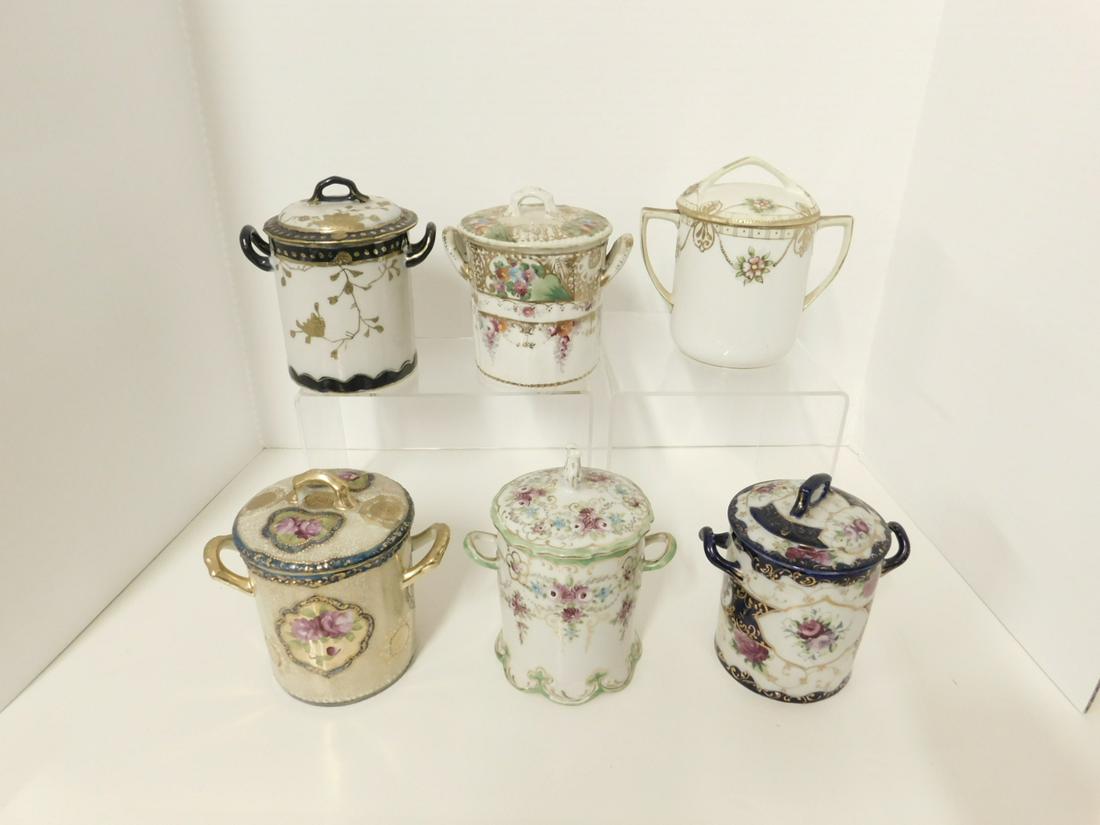 6 Oriental Canned Milk Containers: Six Oriental Canned Milk Containers, porcelain, one marked Nippon, others no markings, NO UNDER PLATES, 19th / 20th C. CONDITION: Very good, minor gilt wear.