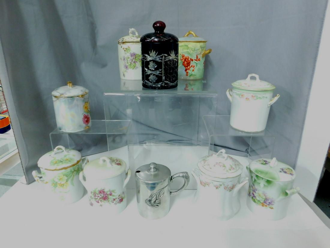 10 Assorted Canned Milk Containers: Ten Assorted Canned Milk Containers, porcelain, glass and silver plate; includes: two Limoges, Aldephi Silver Co., ruby cut to clear, unmarked, etc. NO UNDER PLATES; 19th / 20th C. CONDITION: Good, so