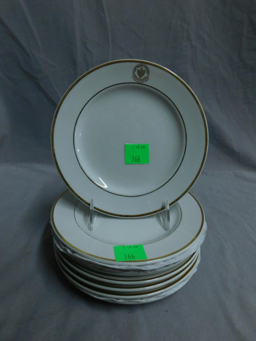 Union League of Philadelphia Plates: Union League of Philadelphia Plates, set of eight by "Mayer China Co. Beaver Falls PA", gold seal and border on porcelian 8" d plates, 20th C. CONDITION: Very good, light wear from use.