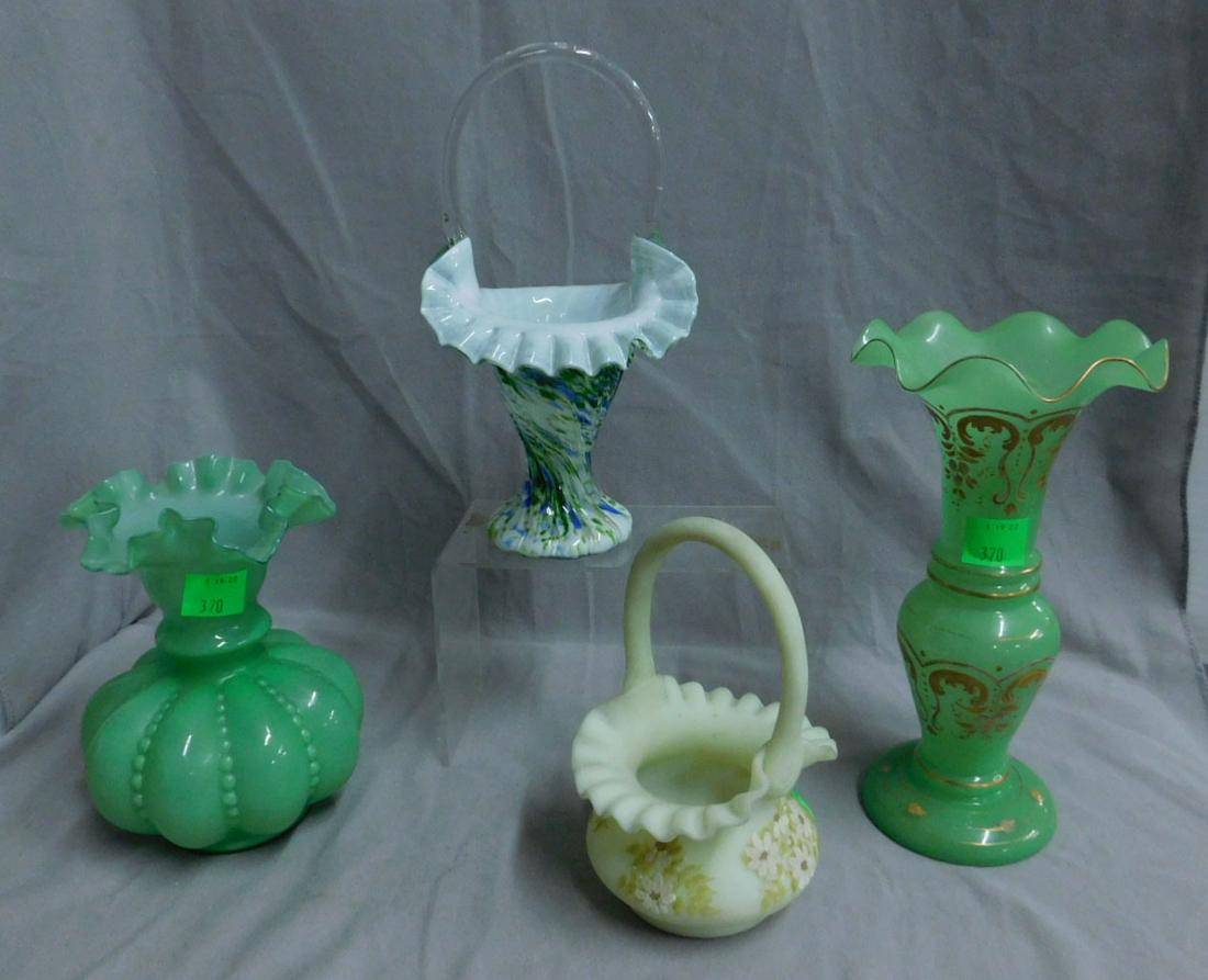 Vintage Fenton Glass Lot: Vintage Fenton Glass Lot, consisting of a green overlay beaded melon vase, a large Vasa Murrhina basket, and a hand-painted custard basket. Along with a 19th c green opaline Bohemian vase with ivory a
