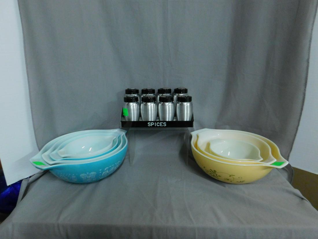 Two Pyrex Cinderella Bowl Sets: Two Pyrex Cinderella Bowl Sets, one foru bowl set in the Butterprint pattern in turquoise and white, the other a three bowl set in the Shenandoah pattern. Along with a 2-tier Kromex aluminum spice set