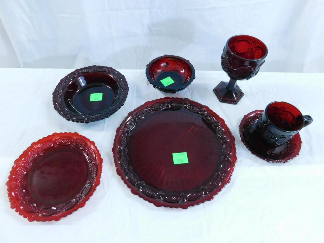 Avon Cape Cod Ruby Glass Dinnerware: Avon Cape Cod Ruby Glass Dinnerware, produced by Wheatonn glass of New Jersey for Avon in the Cape Cope 1876 pattern. This set consists of: 16 dinner plates, 25 luncheon plates, 13 dessert bowls, 12 c