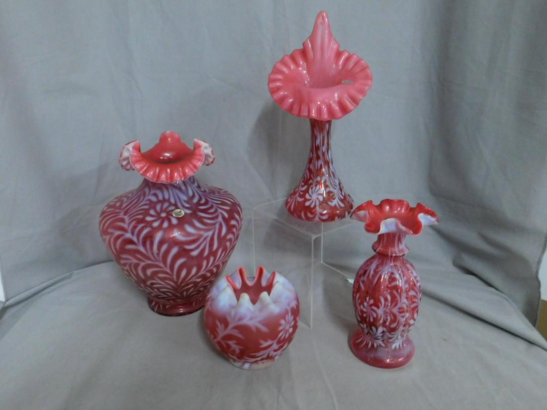 Fenton Fern & Daisy Cranberry Opalescent Glass: Fenton Fern & Daisy Cranberry Opalescent Glass. Four pieces, consisting of a large, broad vase. a jack in the pulpit shape, a Beaded Mellon and a rose bowl. 20th c. Largest is 11.75" tall. CONDITION: 