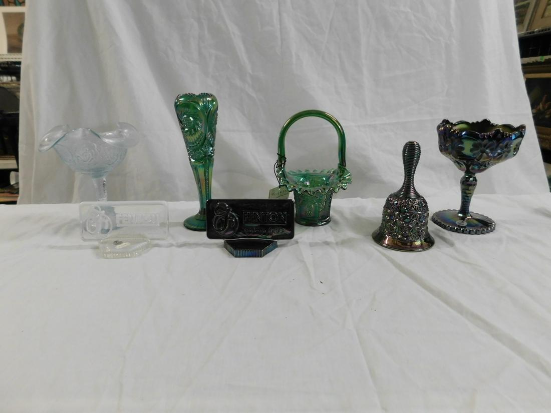 Lot Contemporary Fenton Carnival Glass: Lot Contemporary Fenton Carnival Glass. Seven pieces of recent Fenton glass production, this lot consists of a footed vase, a bell, an intaglio flower compote, a Persian Medallion compote, a Butterfly