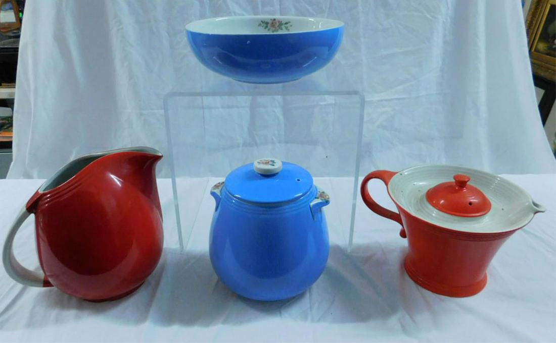 Hall China Red & Blue Kitchenware: Hall China Red & Blue Kitchenware, consisting of a Melody teapot in Chinese Red, a water pitcher in Chinese Red, and a bean pot and bowl in the Rose Parade pattern. Mid-20th c., all marked. Size: pitc