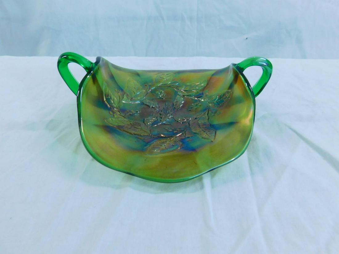 Millersburg Carnival Glass Holly Bonbon: Millersburg Carnival Glass Holly Bonbon in green. Early 20th c. Size: 7.5" across handles. CONDITION: Wear to bottom, otherwise fine.
