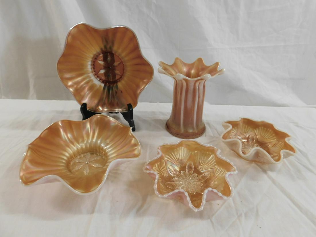 Marigold Opalescent Carnival Glass Lot: Marigold Opalescent Carnival Glass Lot, consisting of two Dugan Stippled Flower bowls, two ruffled berry with a shell and flower pattern (probably Dugan) and Dugan Wide Rib, flared vase. Size: Stipple
