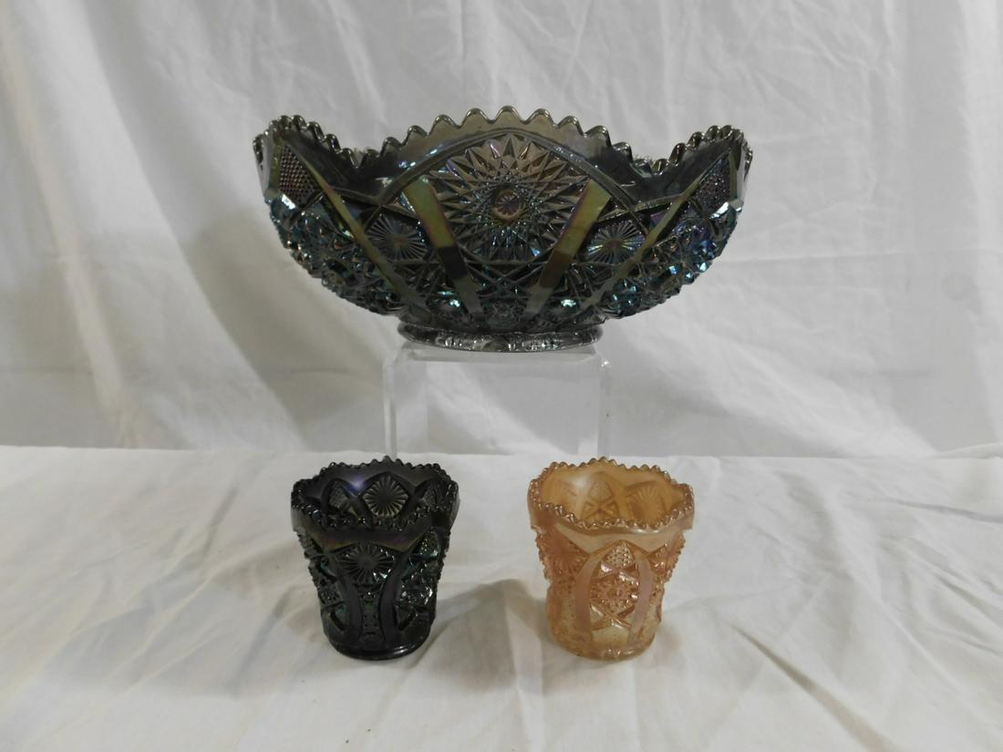 Imperial Carnival Glass Octagon Pattern Lot: Imperial Carnival Glass Octagon Pattern Lot, consisting of a large bowl in light smoke with a blue finish and two toothpick holders, one in smoke and one in marigold. All three marked. 1960-70s. Size