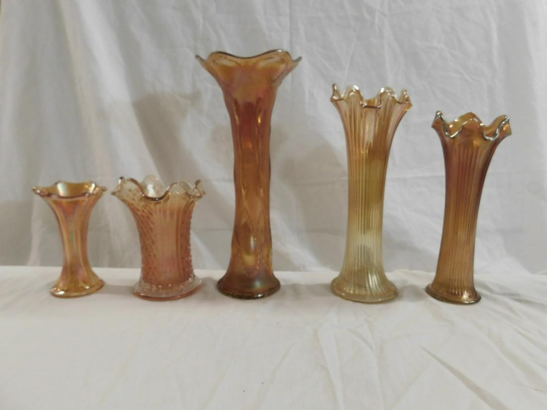Five Marigold Carnival Glass Swung Vases: Five vintage marigold color carnival glass swung vases, consisting of am Imperial Beaded Bullseye, a Fenton Fine Rib, a Fenton Diamond Point Columns, a Fenton Panels and an unidentified ribbed pattern