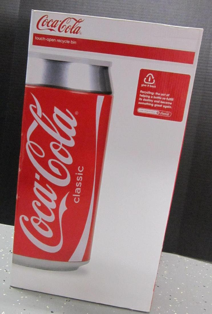 Coca-Cola 7.9 Gal Touch-Open Recycle Bin: Coca-Cola 7.9 Gal Touch-Open Recycle Bin, new in box (still sealed), simple touch open lid, opens and closes smoothly and quietly, polypropylene liner included, 12 3/8" x 12 3/8" x 22 3/4"h. CONDITION