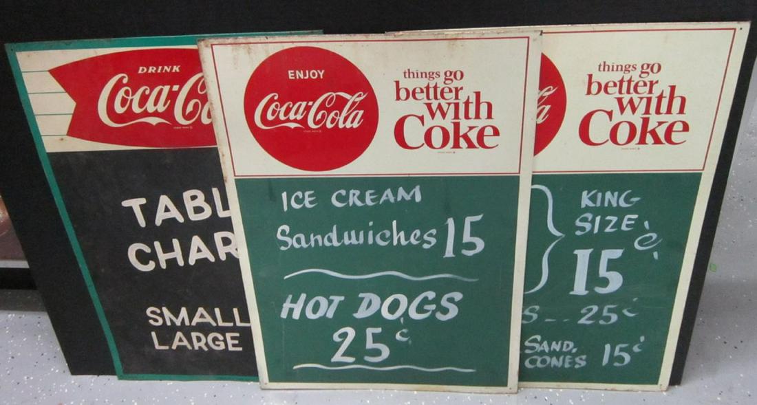 3 Vintage Tin Coca-Cola Signs: 3 Vintage Tin Coca-Cola Signs, all with chalkboard bottoms including: two "Enljoy Coca-Cola, Things Go Better with Coke, green chalkboard surface #020 MCA 2463 and "Drink Coca Cola", black chalkboard 