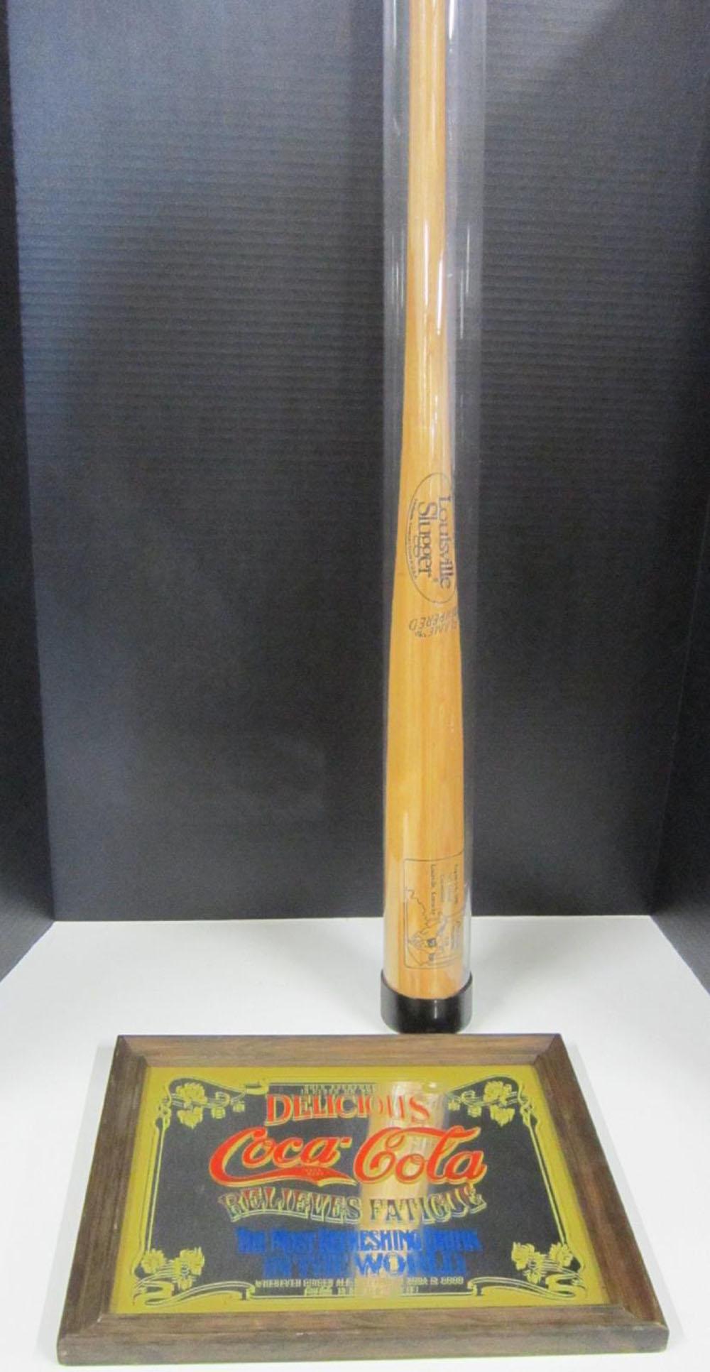 Coca-Cola Louisville Slugger & Framed Mirror: Coca-Cola Louisville Slugger and Framed Mirror, The Coca-Cola Collector's Club Int'l. 16th Annual Convention Souvenir Louisville Slugger baseball bat, #180, 35" (in plastic tube), Aug 1-4,1990, Louisv
