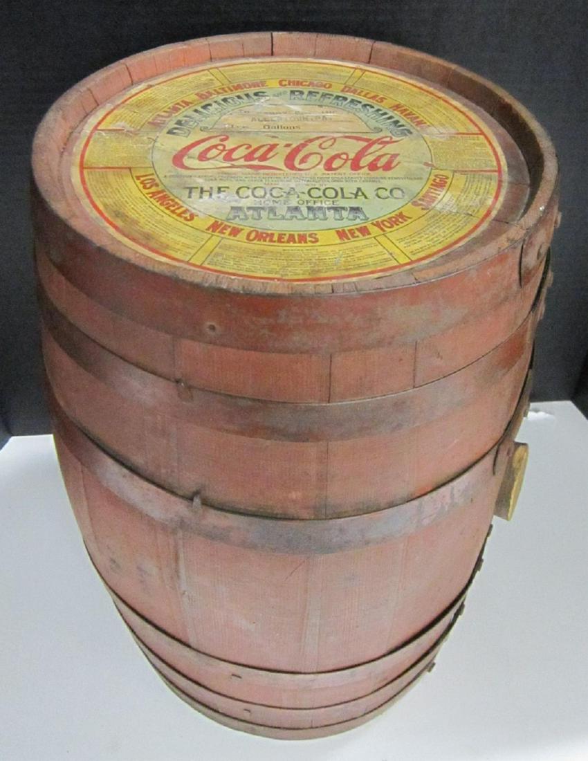 Vintage Coca Cola Wooden Syrup Keg Barrel: Vintage Coca Cola Wooden Syrup Keg Barrel, 5 gallon, metal banded with cork in barrel hole on side, paper label "Coca-Cola, Delicious and Refreshing", The Coca - Cola Co. Home Office Atlanta, To: Cand