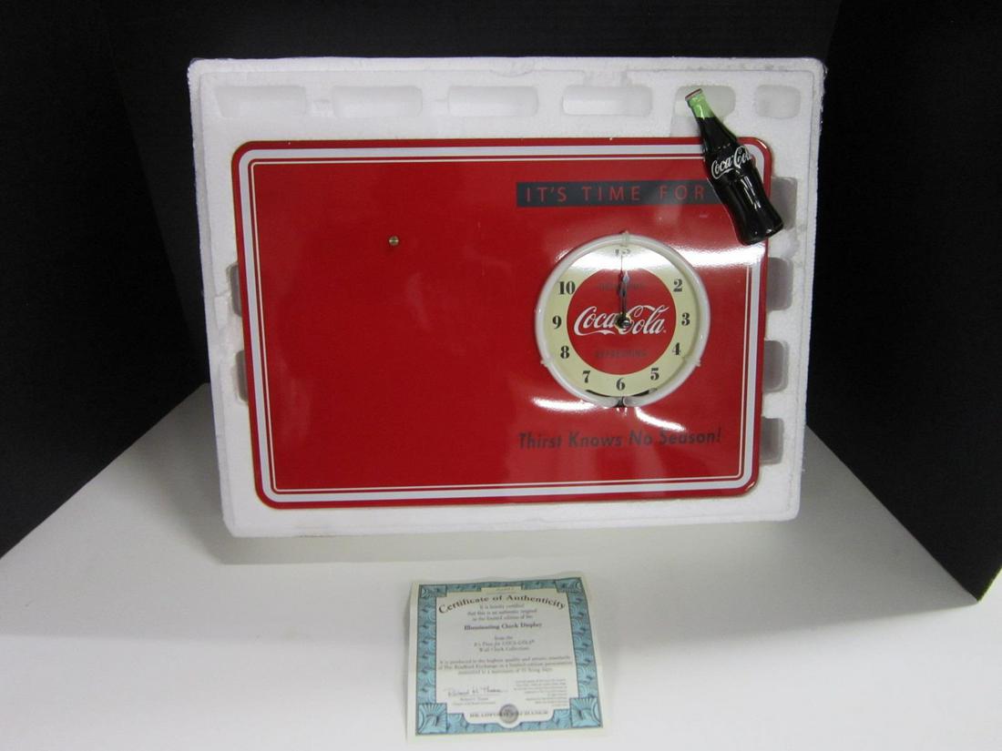 Coca-Cola Battery Clock w/Light Up Florescent: Coca-Cola Battery Clock w/Light Up Florescent, red and white metal hanging Coca-Cola clock"It's Time for Coca Cola, Delicious, Refreshing - Thirst Knows No Season!" with battery (AA) operated clock an