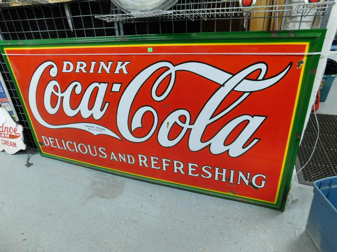 Vintage "Drink Coca-Cola" Sign: Vintage "Drink Coca-Cola" Sign, large scale enameled heavy gauge sheet metal; "Delicious and Refreshing"' red and white with molded green and yellow border; mounted on a wood back frame; early to mid 