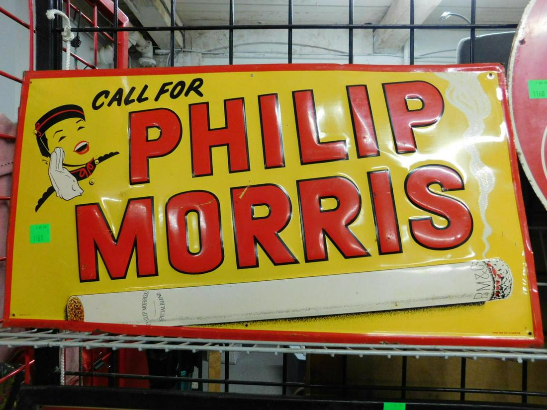 "Call For Philip Morris" Cigarette Sign: "Call For Philip Morris" Cigarette Sign, embossed lithograph sheet metal; Stout Sign Co. St. Louis M.O.; "Special Blend", mid 20th C, 26 3/4" x 14 1/2". CONDITION: Small bends at corners, edges with p