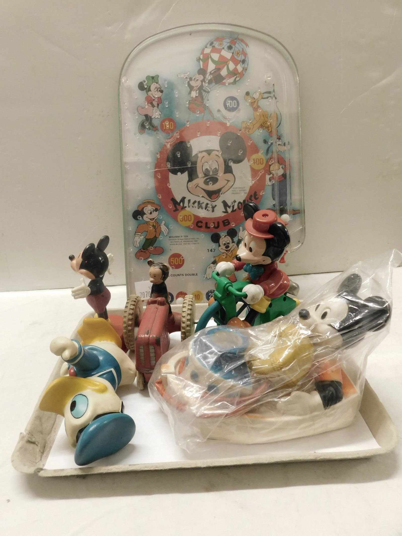 Lot Vintage Disney Toys: Lot Vintage Disney Toys including: tin litho Wolverine Toy Mickey Mouse Club arcade flat pinball same, Mickey Mouse Maxi - puppet, 5 5/8", Donald plastic bank (no bottom stopper), 5 3/4", Mickey rubbe
