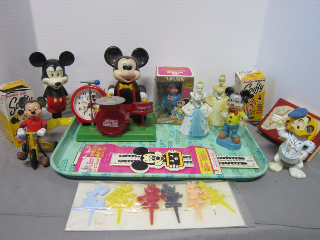Lot of Disney Toy & Other Collectibles: Lot of Disney Toy and Other Collectibles including: battery operated Mickey Drummer, Durham's Walking wind-up toy (Mickey), in original box, The Mickey Mouse March child's toy, Scuffy Brushless Inc, r