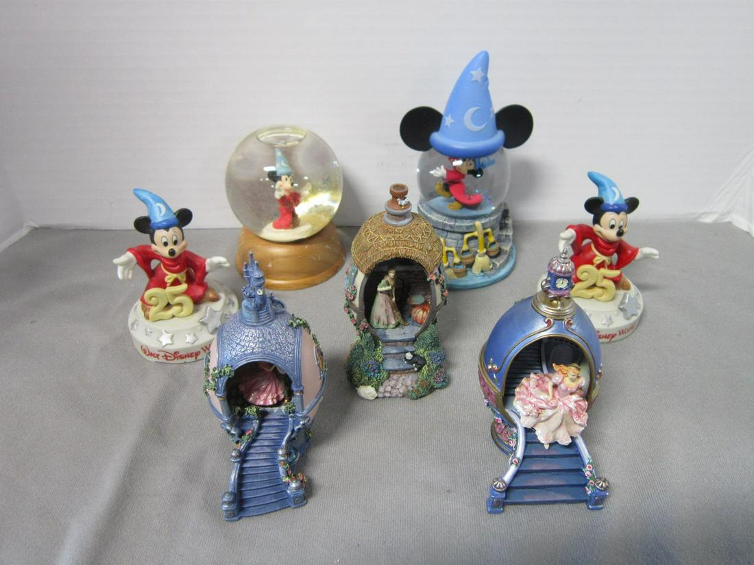7 Disney Collectible Musical & Other Figurines: Seven Disney Collectible Musical and Other Figurines, Mickey's Sorcerer's Apprentice - two musical porcelain figurines, WDW, 25 Years "When You Wish Upon a Star", 3 7/8" each and two Disney Snow Globe