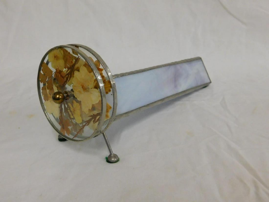 Opalescent Slag Glass 3 Sided Kaleidoscope: Opalescent Slag Glass 3 Sided Kaleidoscope with twin dried flower filled disks, length 9". CONDITION: Very good.