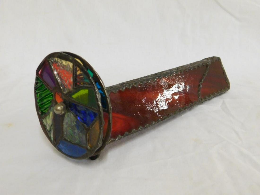 Amber Slag Glass 3 Sides Kaleidoscope: Amber Slag Glass 3 Sides Kaleidoscope with twin stained and leaded glass disks, 9" length. [2] CONDITION: Very good.