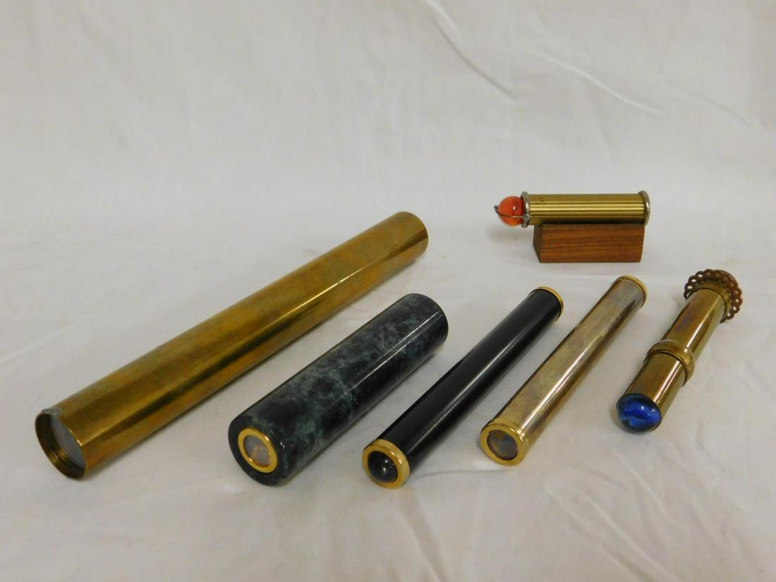 7 Metal & Marble Kaleidoscopes: Seven Metal and Marble Kaleidoscopes[, all cylindrical form, includes: 8" Teleidoscope, and six Kaleidoscopes from 3" to 5 1/4", two with marble ends. [40] CONDITION: Teleidoscope with two soldier spo