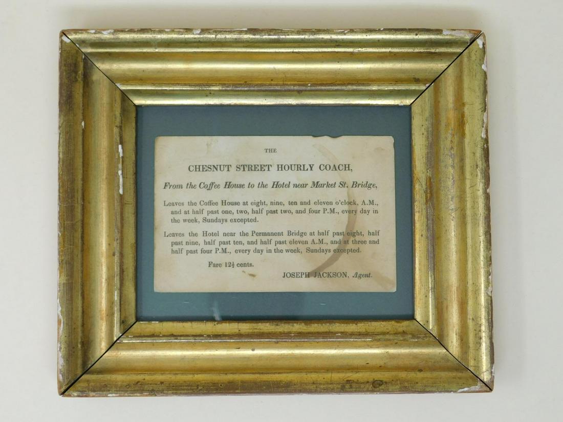 Chestnut St Stage Coach Ad Card: A small advertising card for the Chestnut Street Hourly Coach in Philadelphia, which was apparently known as the "Boxall" after its owner/driver, James Boxall. Service started in December 1831 and con