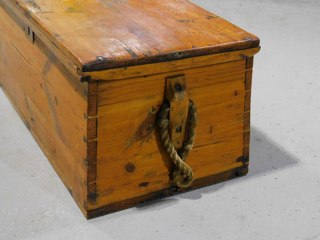Antique Seaman's Chest: Pine, dovetailed ends with rope handles, lift lid with nail head monogram "FFK", interior till, 17" x 35" x 15-1/2" CONDITION: Refinished condition: replaced hinges, expected wear and losses, retains