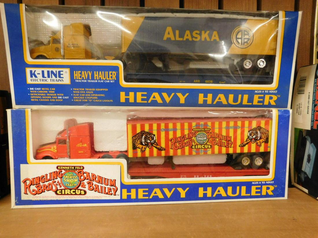 2 K-Line Heavy Hauler Flat Car Set: 2 K-Line Heavy Hauler Flat Car Set, Tractor Trailer flat car set, die cast metal cabs with chrome trim, Alaska Railroad and Kenneth Feld presents Ringling Bros. and Barnum & Bailey Circus, both in ori
