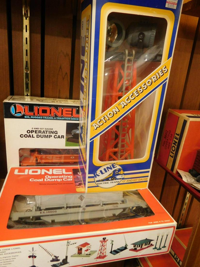 K-Line & Lionel Train Accessory & Cars: K-Line & Lionel Train Accessory & Cars including original box, 13 1/2" h and two coal dump cars in original boxes - Erie Operating Coal Dump Car, No. 6-6602 and I.C.G. Coal Dump Car, No. 6-16600, both