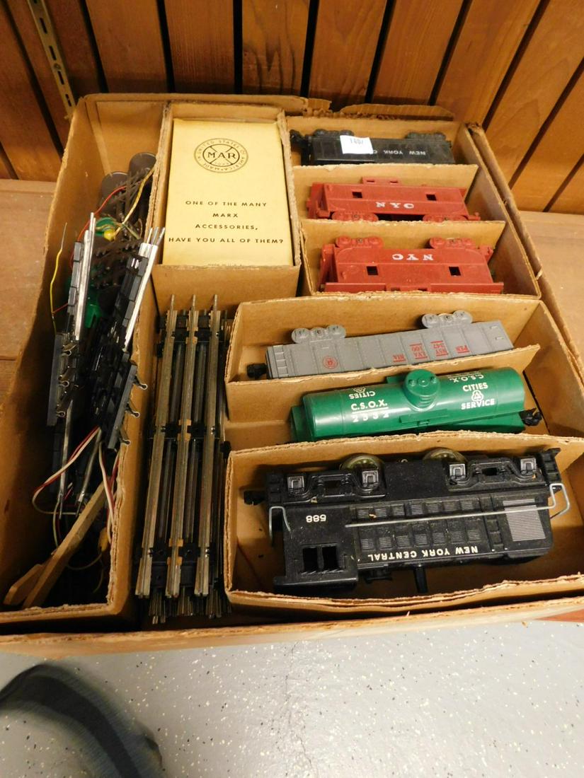 2 Marx Boxed New York Central Train Sets: 2 Marx Boxed New York Central Train Sets, includes: engine and tender 400, engine and tender 588, green tanker 2532, gray hopper 347, 2 maroon cabooses, red B & O box car 467110, L V black hopper 2191