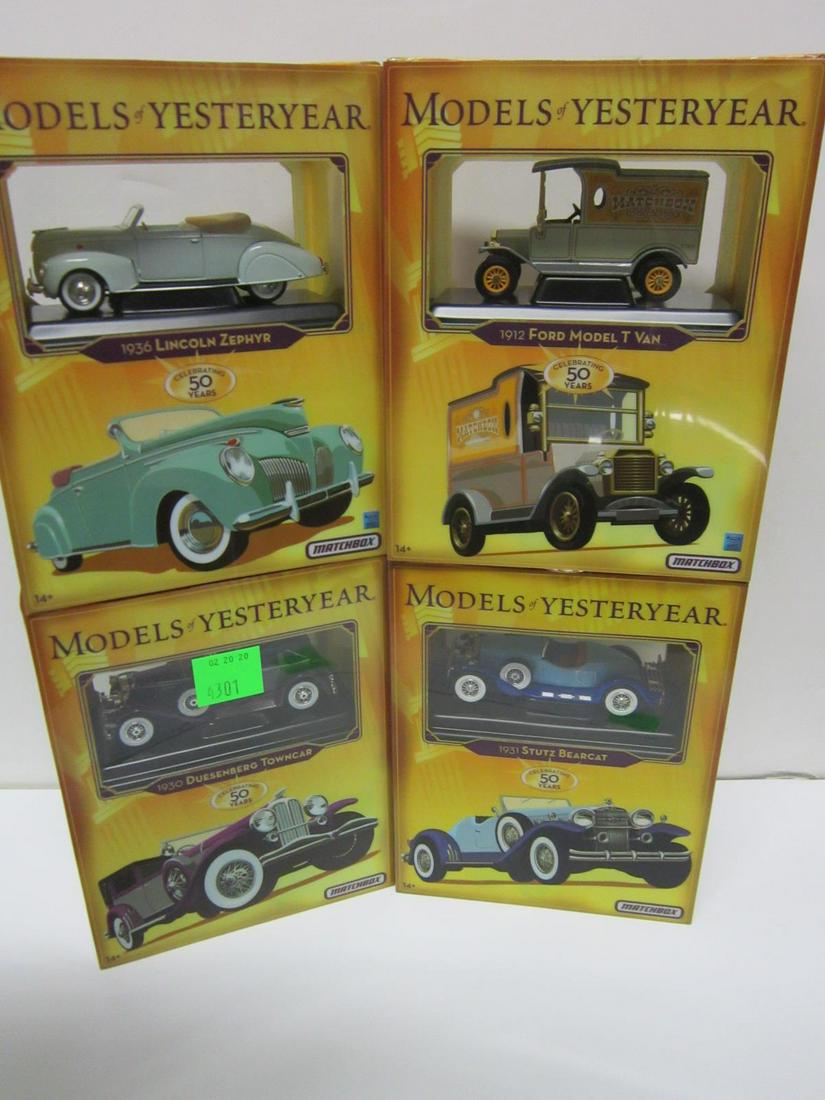 Set of 4 Matchbox "Models of Yesteryear": Set of four Matchbox "Models of Yesteryear", all new in original boxes with gallery display case, Celebrating 50 Years, all small scale die cast including: 1931 Stutz Bearcat, Y-14 / b, 1912 Ford Mode