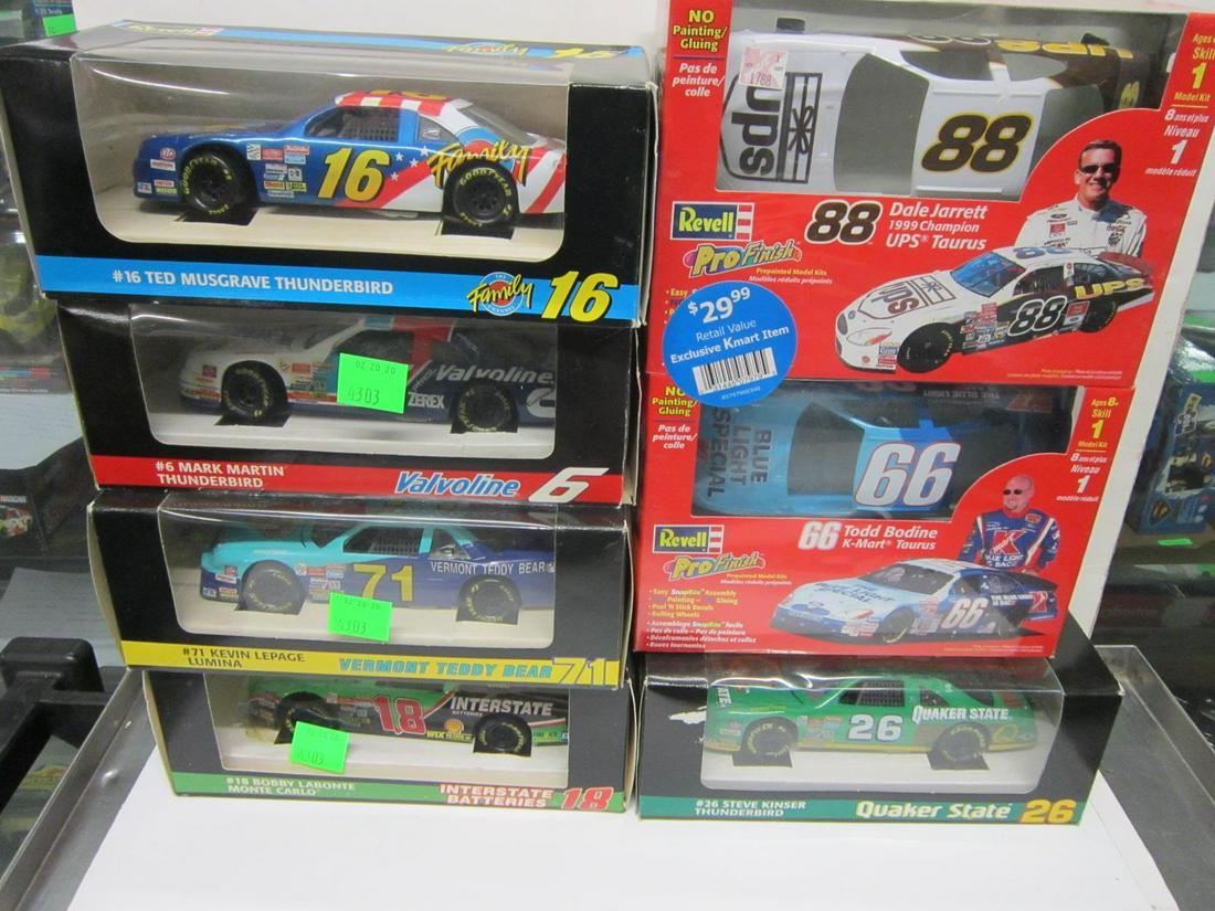 Revell Die Cast & Other Race Cars: Revell Die Cast and Other Race Cars, all 1:24 scale, new in original boxes including: five die cast, #6 (Mark Martin) 8767, #16 (Ted Musgrave). #8768, #18 (Bobby Labonte) batteries, #8770, #26 (Steve 