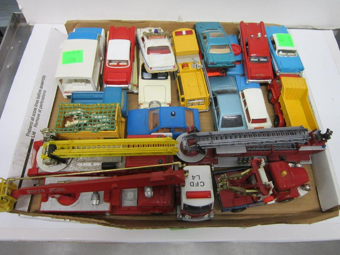 Lot Vintage Corgi Die Cast Vehicles: Lot Vintage Corgi Die Cast Vehicles, scale model including: Corgi Toys - Fire Chief Chevy Impala, Corvette String ray, Austin A 60 (with wheel on top to turn front wheels), Bedford tractor Unit, Ford