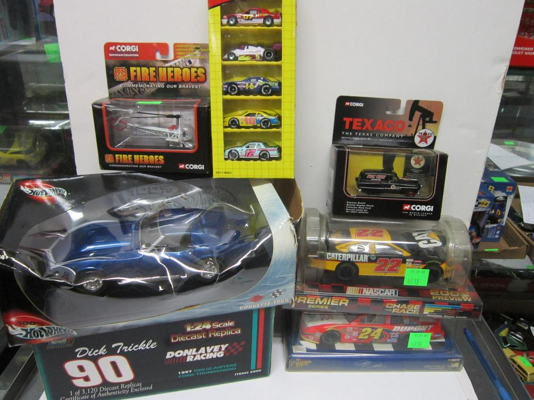 Assorted Die Cast Vehicles Matchbox & Other: Assorted Die Cast Vehicles Matchbox and Other, all new in original boxes including: Hot WheelsCorvette, 1:18 scale and Revell Don Lavey Racing, Beauty Rest, 1997 Ford Thunderbird, 1 / 3, 120 pieces wi