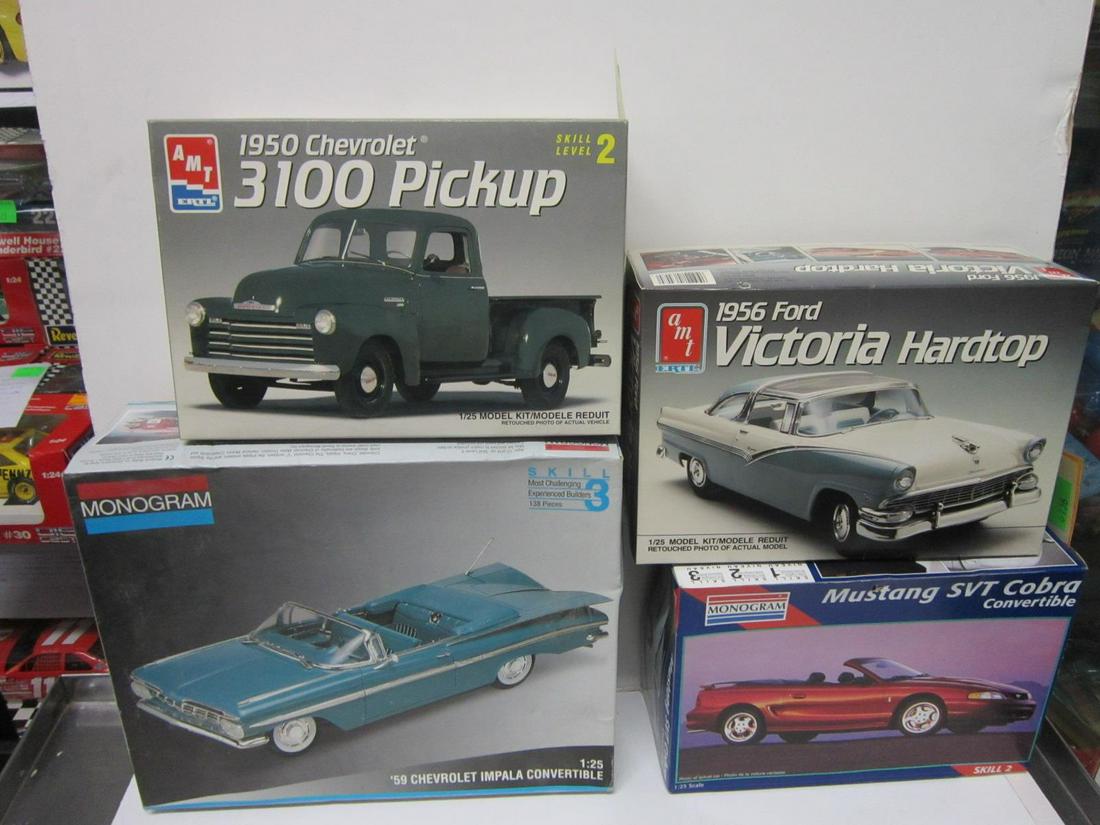 4 Scale Car & Truck Models: 4 Scale Car and Truck Models, all new in original boxes including: two Ertl amt 1:25 scale -1956 hardtop, #6547 and 3100 Pick-up truck,#6437, plus two monogrammed 1:25 scale - SVT Cobra convertible, #