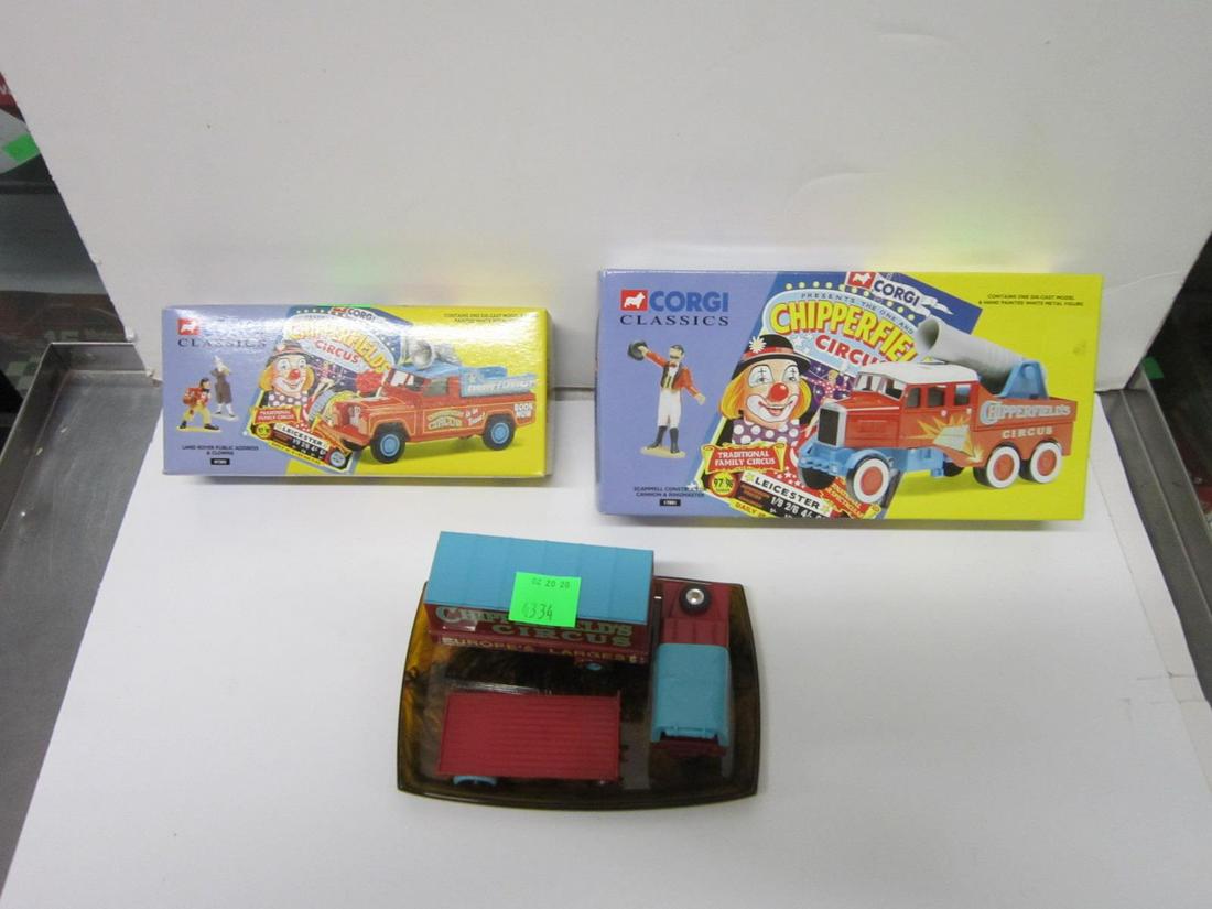 Corgi Classics Chipper Fields Circus: Corgi Classics Chipper Fields Circus, scale model die cast vehicles including: two like new in original boxes,Scammell Construction Cannon and Ring Master (with cannon figure), No. 05234 / 11,500, 1:5