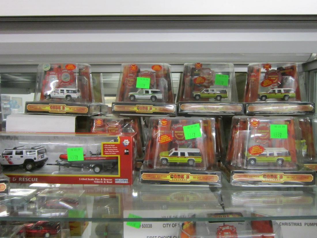 11 Code 3 - 1:64 Scale Fire Vehicles: Eleven Code 3 - 1:64 Scale Fire Vehicles, all new in original plastic cases including: (5) Newark Fire Department, Richmond Fire and Emergency Services, City of East Windsor, Virginia Beach Fire Depar